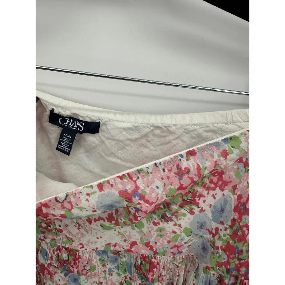 Chaps Denim Womens Large Pink Blue Floral Tiered Cotton Midi Skirt Boho Cottage